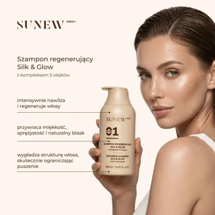 SunewMed+ Silk Glow Szampon regenerujący Step 01 | Regenerujący szampon do włosów zniszczonych i suchych 500 ml