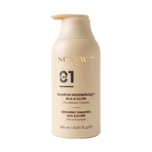 SunewMed+ Silk Glow Szampon regenerujący Step 01 | Regenerujący szampon do włosów zniszczonych i suchych 500 ml