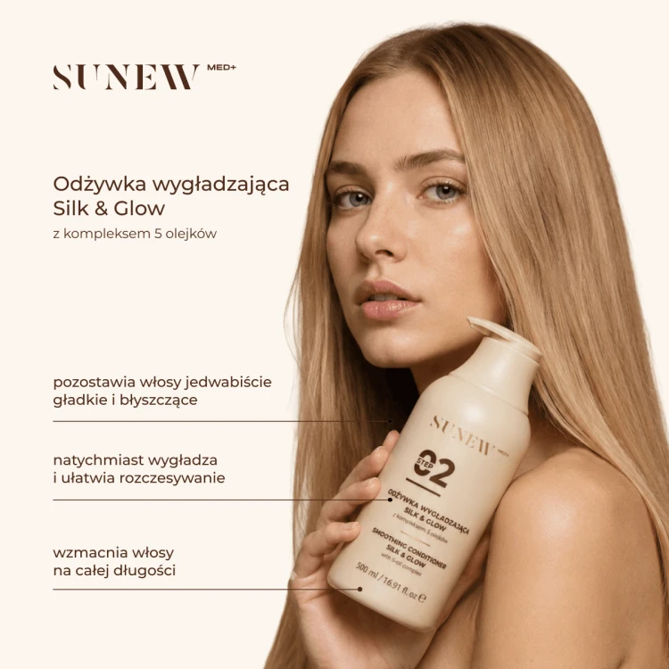 SunewMed+ Silk Glow Odżywka wygładzająca z kompleksem 5 olejków Step 02 | Wygładzająca odżywka do włosów suchych i zniszczonych 500 ml